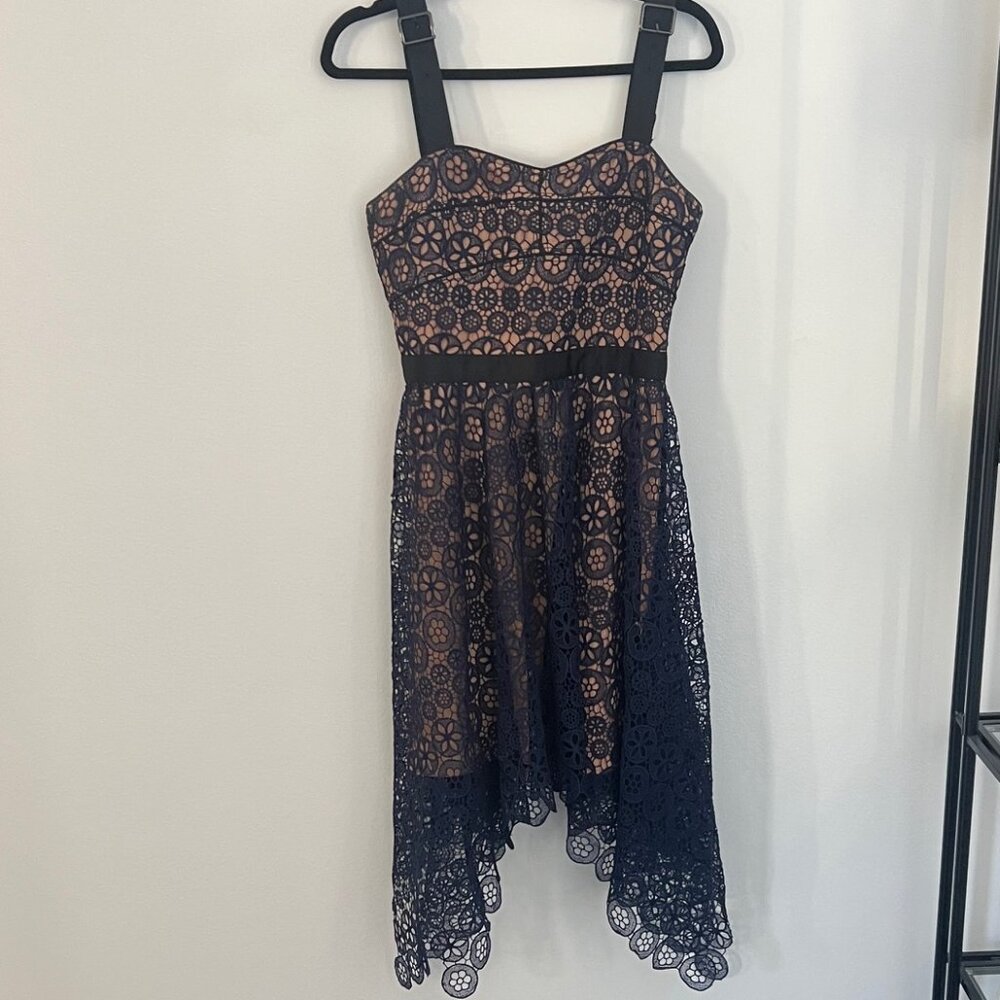 Self-Portrait Circle Blue Navy Lace Asymmetric Hem Midi Dress